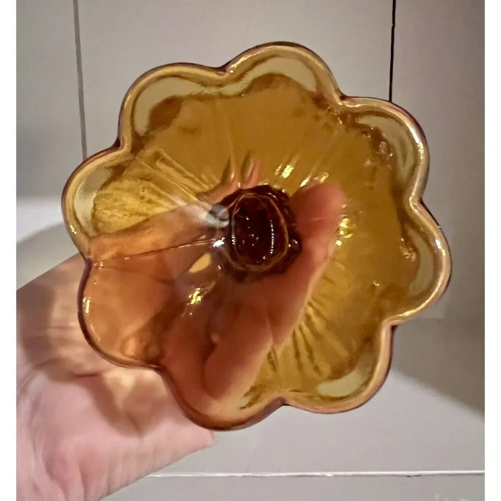 Vintage Fenton Cabbage Rose, Amber Glass Footed Compote‎ Candy Dish